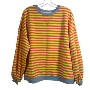 UEU Yellow Orange Striped Sweatshirt Blue Trim Crew Neck Pullover Large